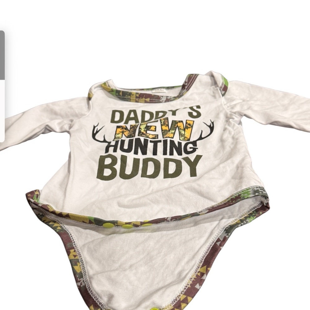 White Bodysuit One Piece with Hunting Text size 3-6 months
